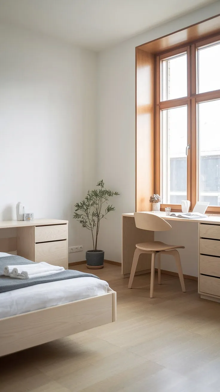 Light wood, white walls, and minimalist furniture create a serene Nordic bedroom haven.