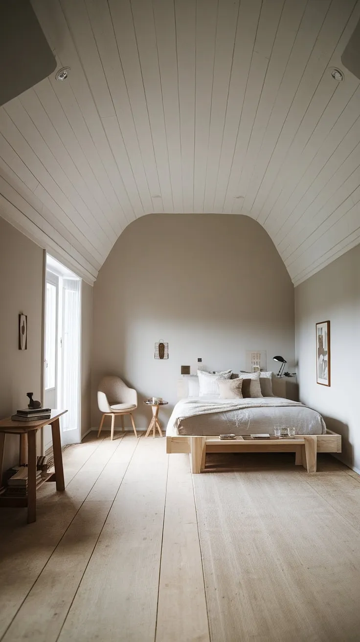 Earthy minimalism defines this Nordic bedroom's light wood and grey palette.