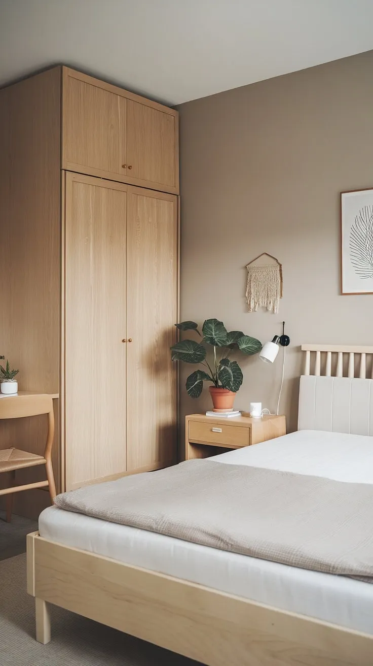 Scandinavian style defines this serene bedroom, featuring light wood and understated elegance