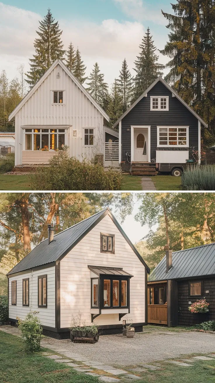 A charming Nordic scene showcases diverse cottage styles, blending off-white, black, and wood exteriors