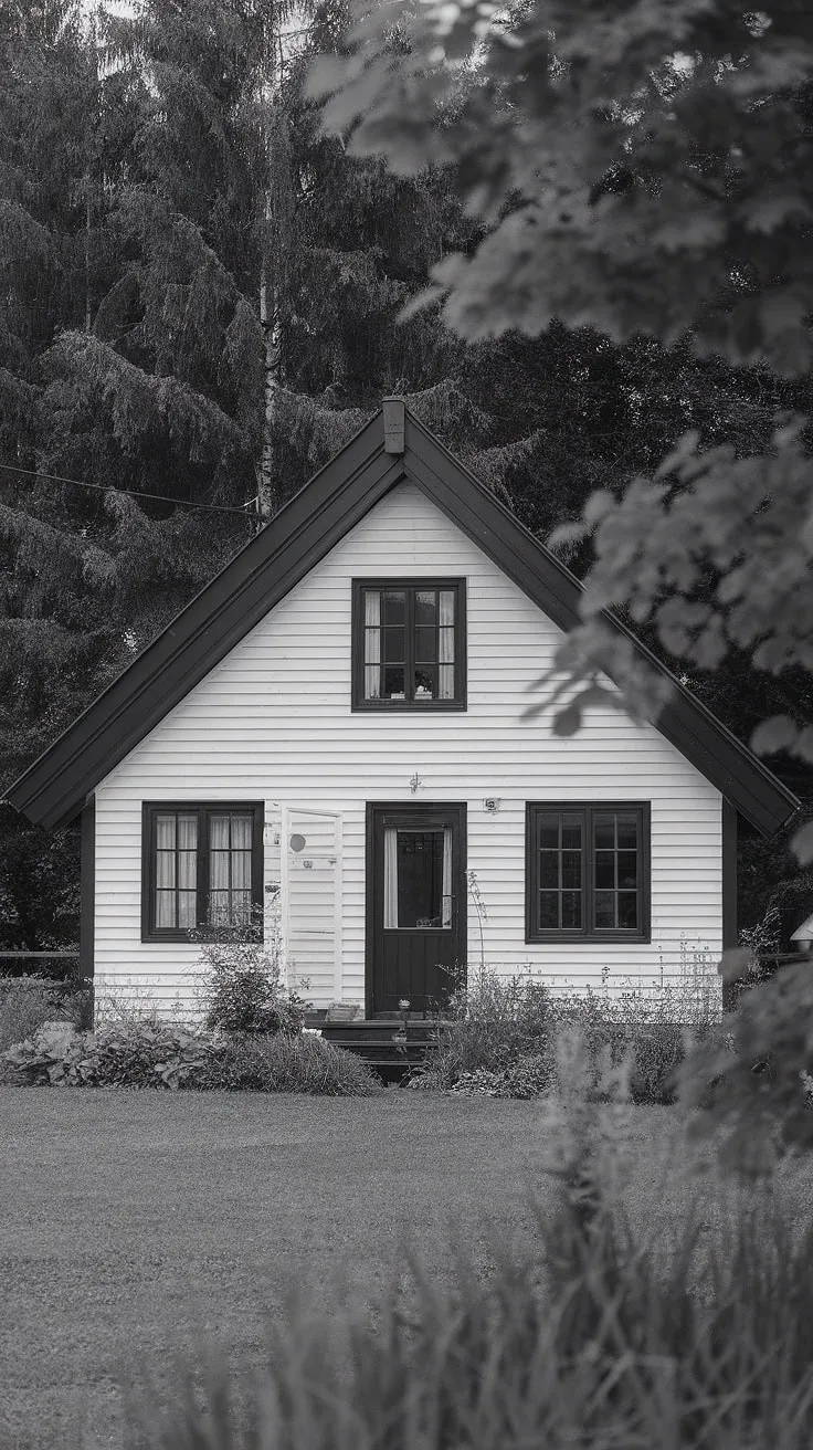 A black-and-white photo showcases a charming Nordic bungalow nestled in vibrant greenery