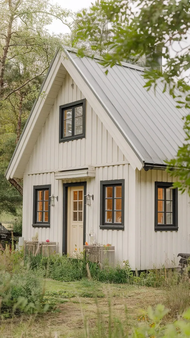 Off-white wood and black details define this cozy Nordic cottage, beautifully situated amidst lush greenery.