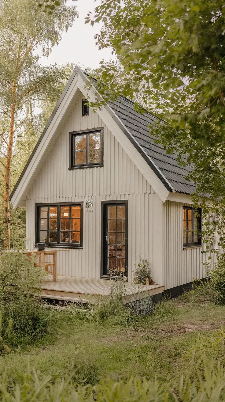 A serene Nordic cottage, nestled in greenery, invites relaxation with its charming wooden exterior and pitched roof.
