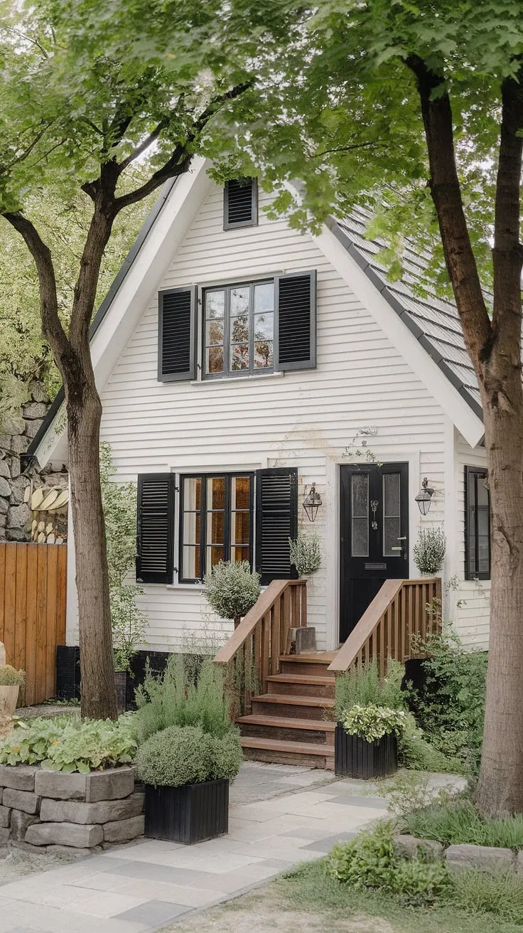 A charming Nordic home, white with black accents, sits nestled in vibrant greenery, showcasing classic Scandinavian design
