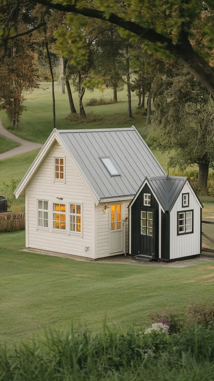 A charming off-white cottage and black and white tiny house create a tranquil Nordic scene.