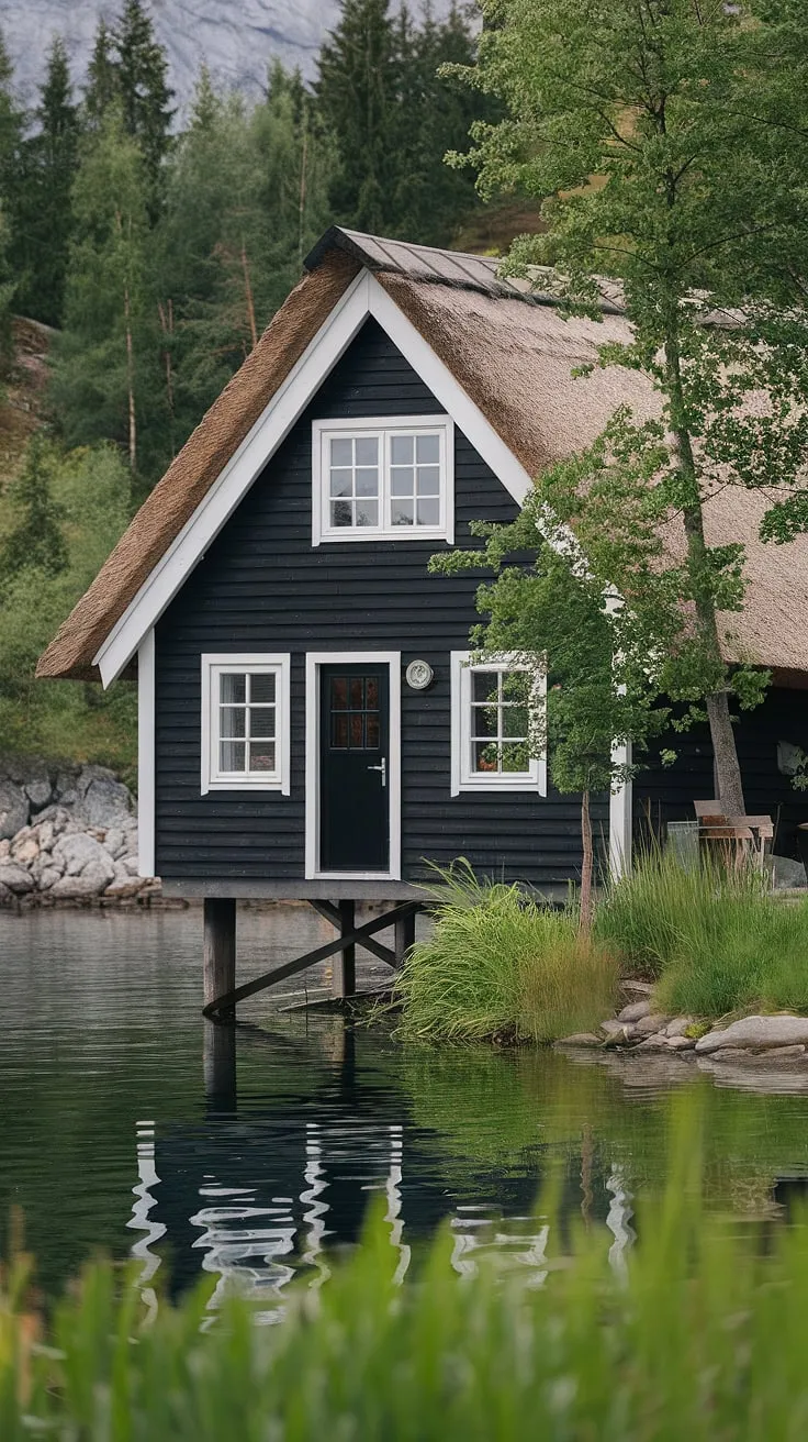 A serene Nordic house, black and white against lush greenery, sits idyllically on stilts above water near mountains
