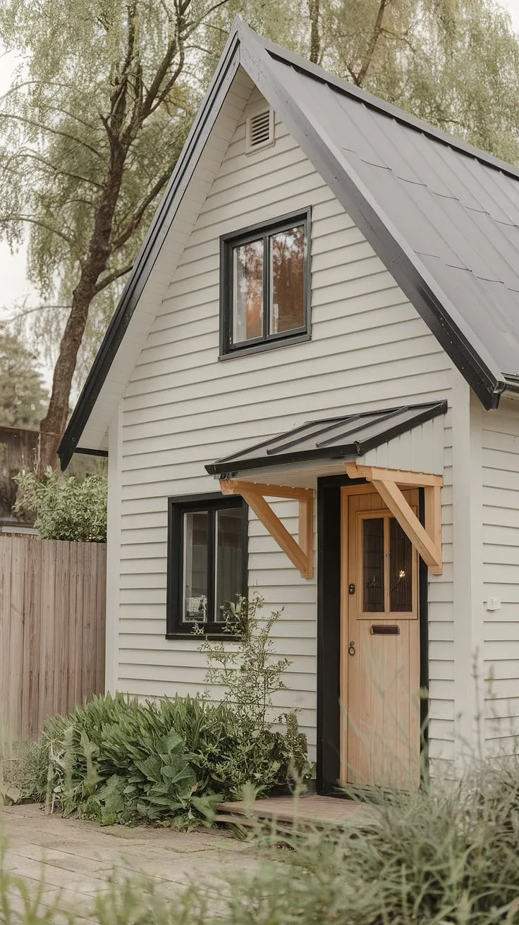 A charming off-white cottage with a steeply pitched roof and verdant surroundings offers a peaceful Nordic escape.