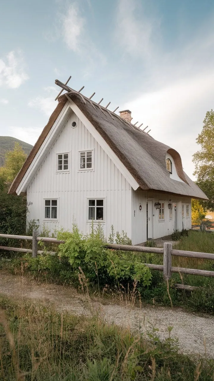 Nestled amidst majestic mountains, this charming Nordic home with a thatched roof and white exterior radiates rustic elegance and harmony with nature.