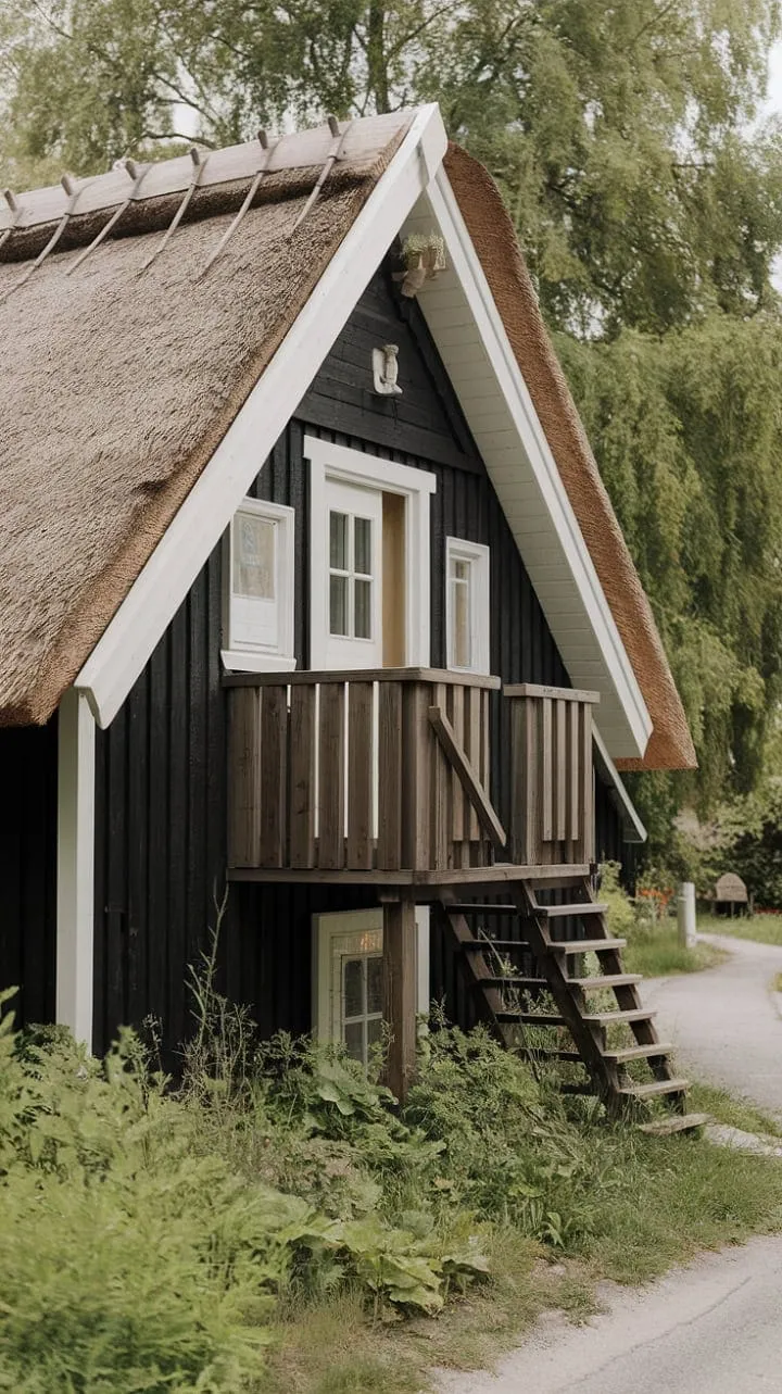 Tucked away in nature, this enchanting Nordic house with its striking black and white facade and secluded balcony invites serene moments of reflection amidst lush tranquility.
