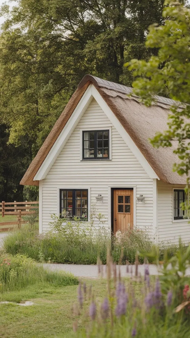 In a serene Nordic haven, thatched roofs and wildflowers harmonize with elegant simplicity, creating a tranquil retreat where nature and peace intertwine.