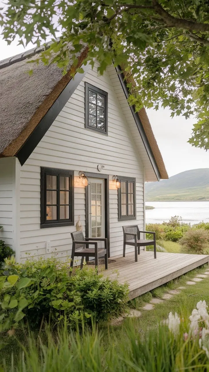 Discover a serene Nordic retreat where a charming cottage, tranquil lake, and majestic mountains harmonize in nature's embrace.