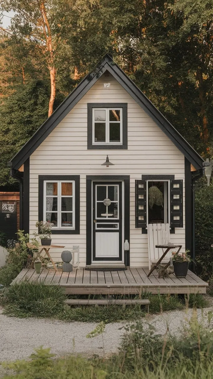This enchanting Nordic-inspired cottage, with its striking black and white striped exterior, seamlessly marries minimalist design and rustic charm, inviting tranquil moments on its wooden deck.