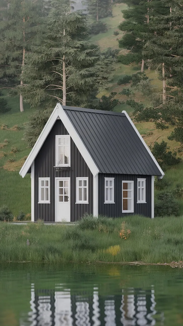 A charming Nordic-style black and white cottage nestles in a lush green landscape beside a tranquil lake.