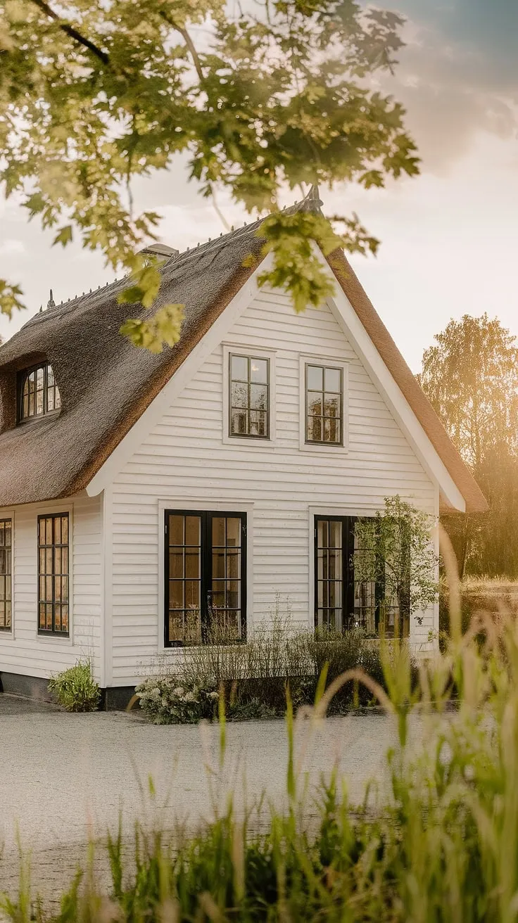 A serene Nordic cottage, white walls and dark windows highlighted by lush surroundings, evokes a feeling of cozy comfort.