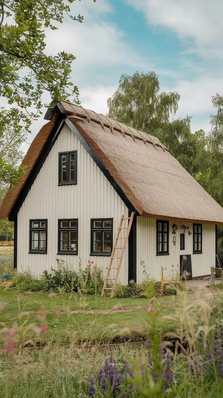 Idyllic countryside peace is captured in a charming Nordic cottage with a thatched roof and lush green surroundings.