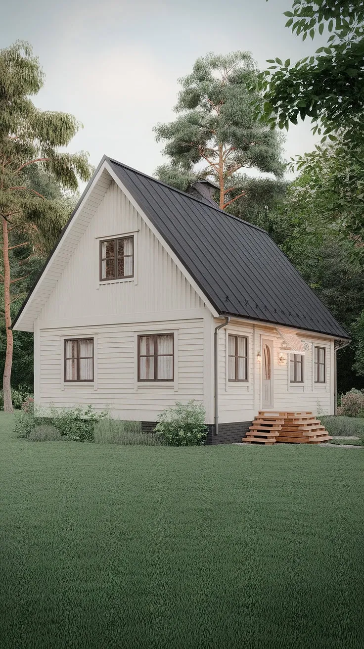 The image evokes tranquility with its cozy off-white house and verdant surroundings.