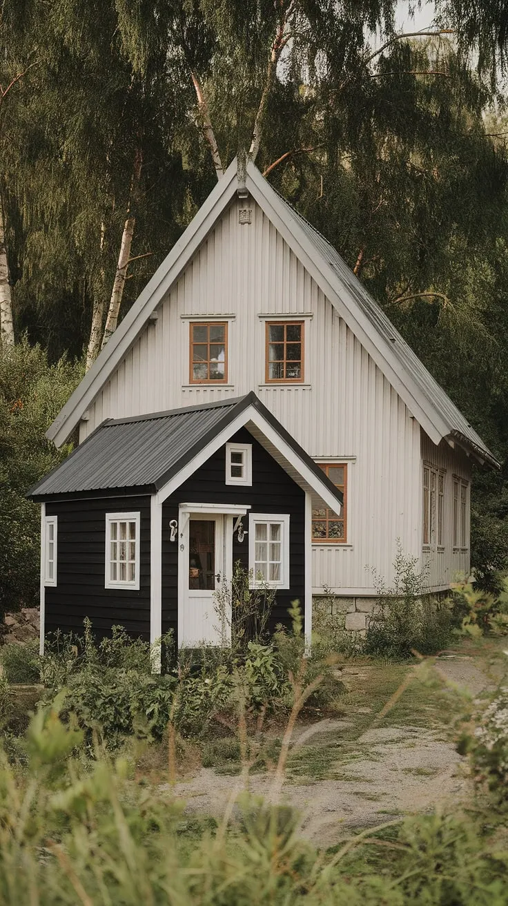 A charming Nordic home and a quaint black-and-white cottage nestled together in a verdant landscape