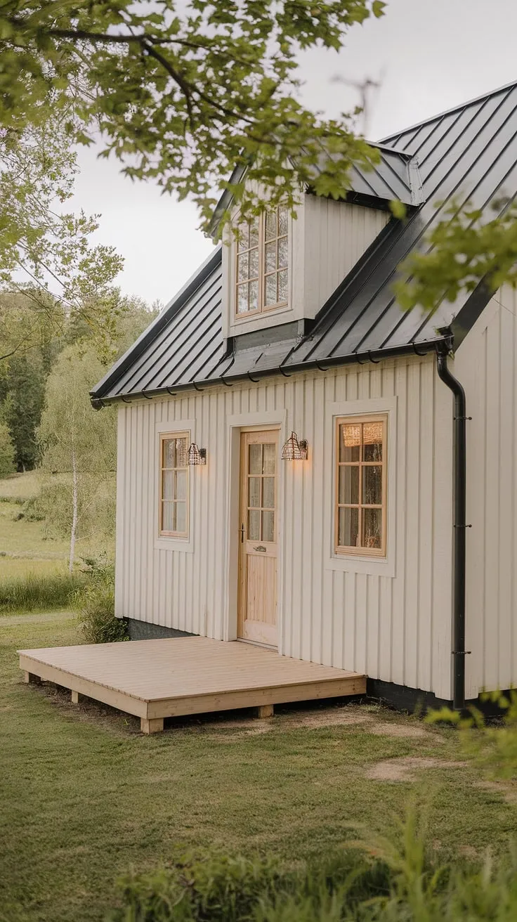 A serene Nordic cottage, nestled in lush greenery, invites relaxation with its charming wooden details and peaceful atmosphere.
