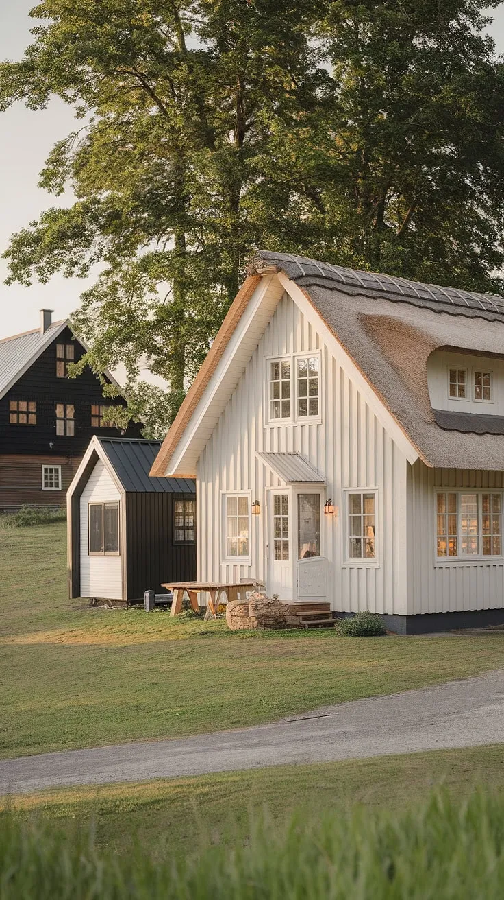 Soft light illuminates a cozy off-white house and its tiny black and white neighbor in a serene green setting.