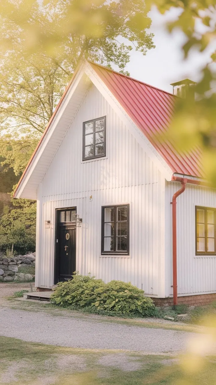 In the enchanting glow of the golden hour, this Nordic retreat, adorned with a crisp white facade and a vibrant red roof, exudes timeless elegance amidst rustic stone and lush greenery, inviting cozy evenings and tranquil reflection.