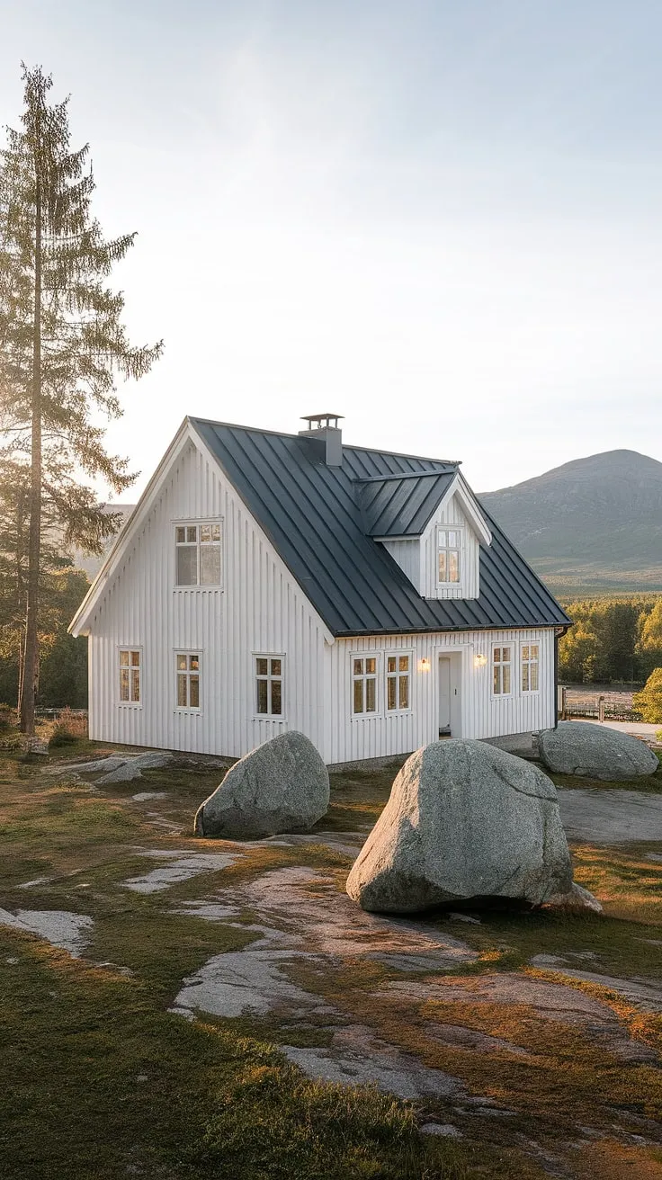 A stark white Nordic house clings to a rocky outcrop, dwarfed by a dramatic mountain landscape