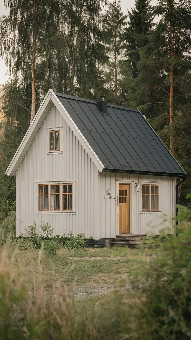 A small off-white house with a black roof sits peacefully amidst lush greenery and towering trees.
