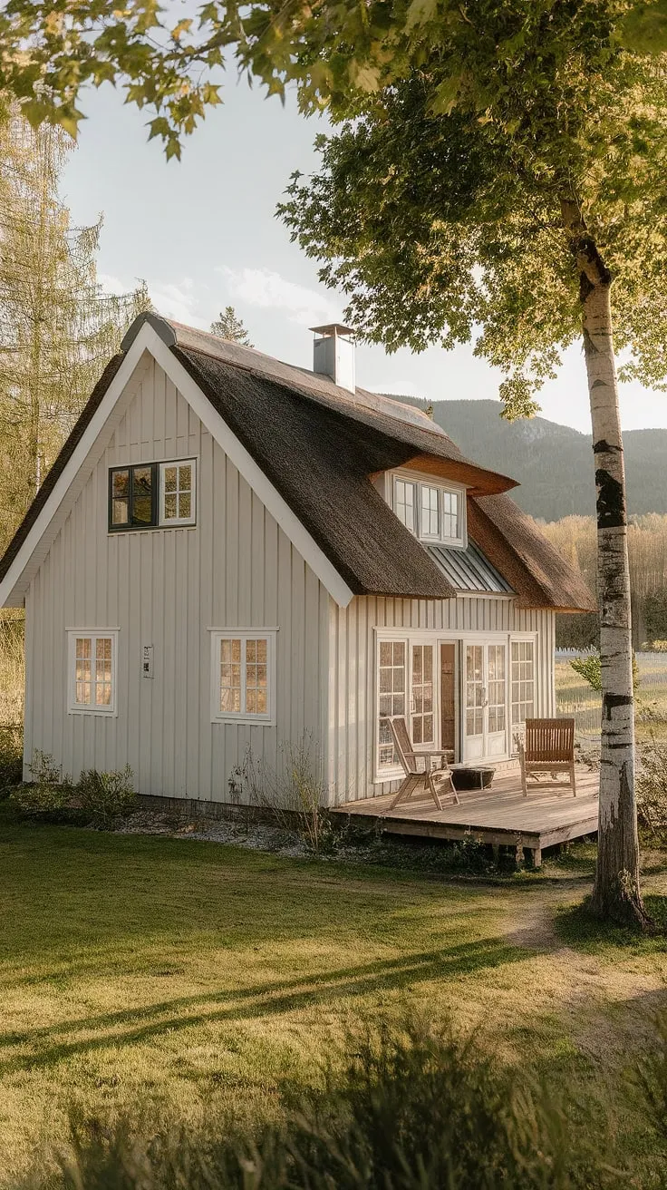 A charming Nordic cottage, nestled in a verdant landscape, offers idyllic mountain views from its wooden deck.