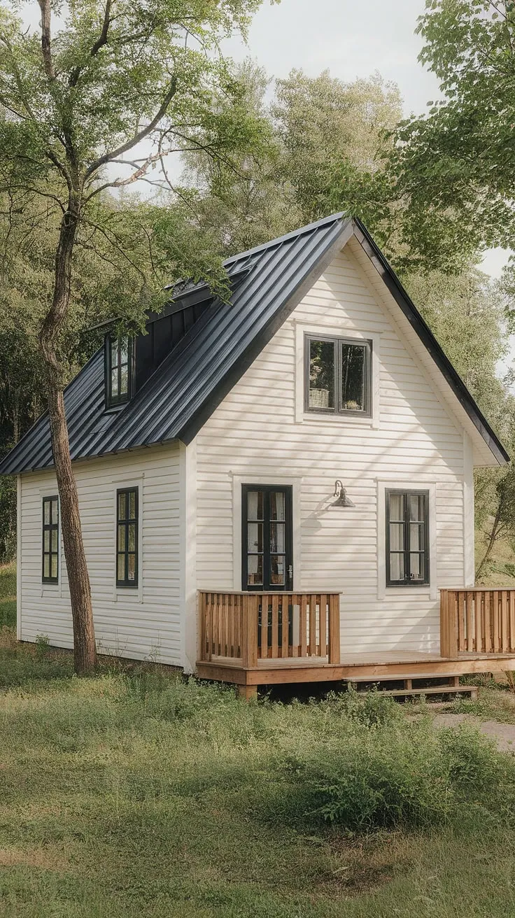 A charming Nordic cottage, nestled in vibrant greenery, exudes peaceful elegance