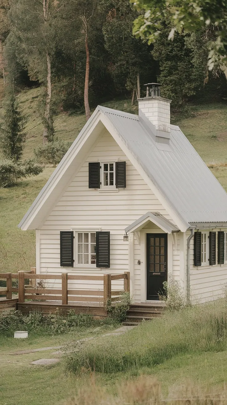 A charming off-white cottage with black accents sits peacefully amidst a verdant landscape.