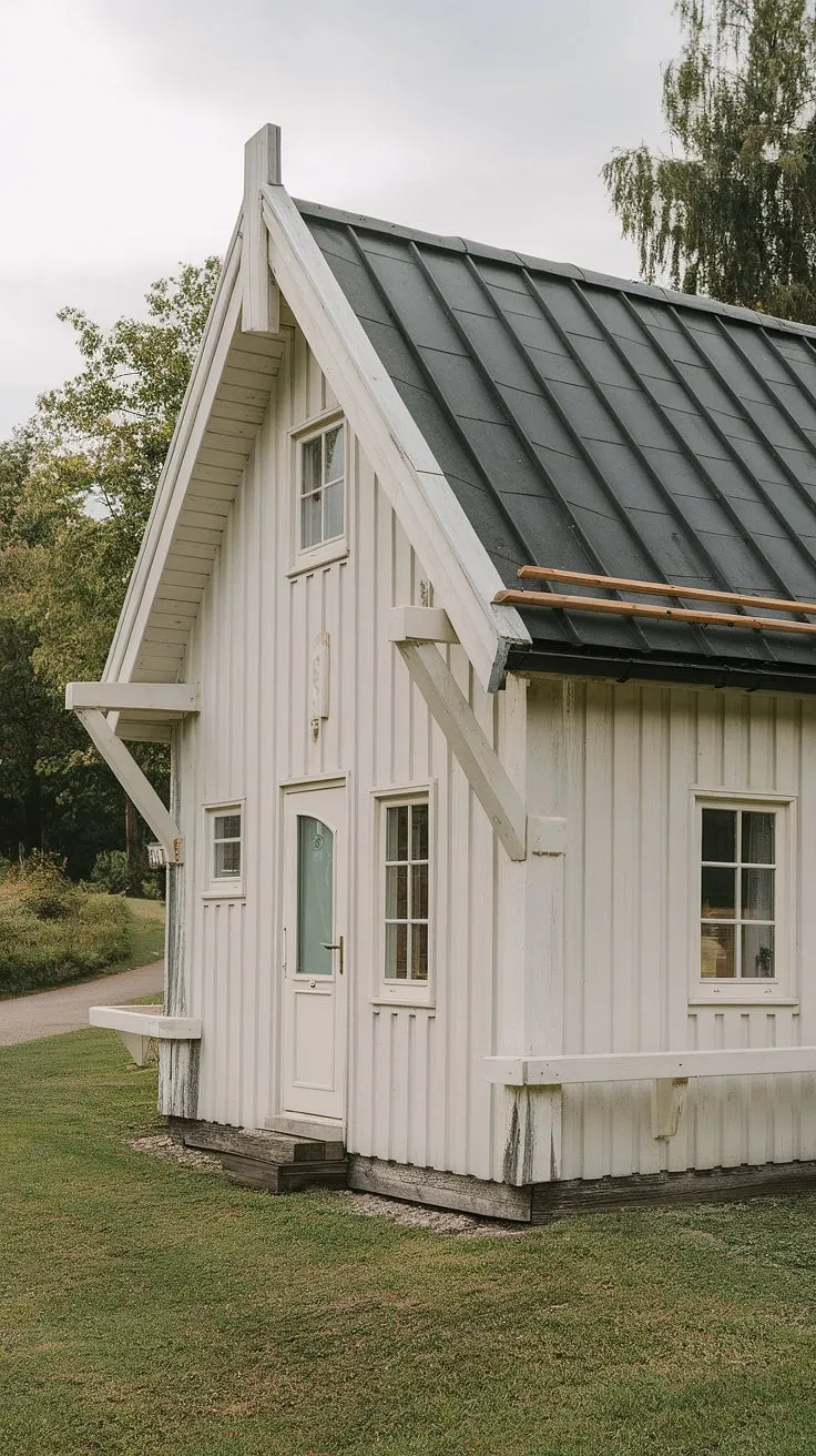 A picturesque off-white cottage with black roof and visible wooden details nestles in a verdant landscape.