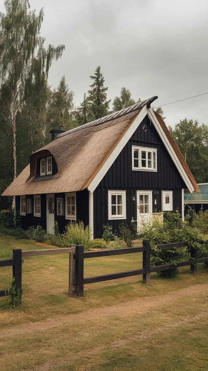 This enchanting black and white Nordic cottage, surrounded by lush greenery, embodies minimalist charm and serene tranquility in a dreamlike retreat.