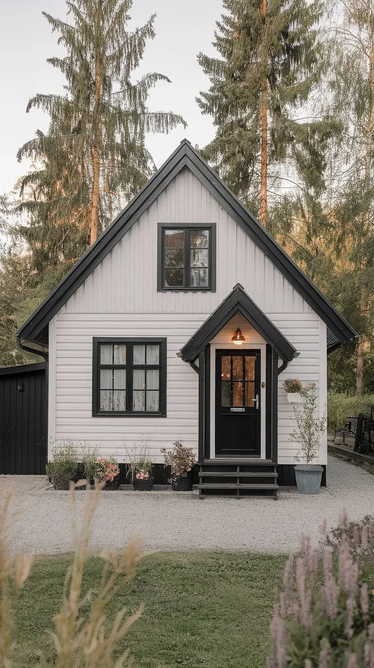 This charming European bungalow boasts a cozy black and white Nordic farmhouse design.