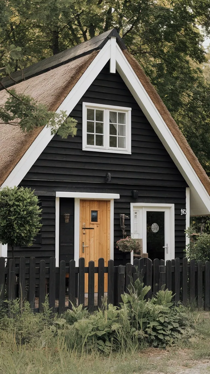 A cozy Nordic cottage, clad in black and white with a thatched roof, nestles amidst verdant greenery.