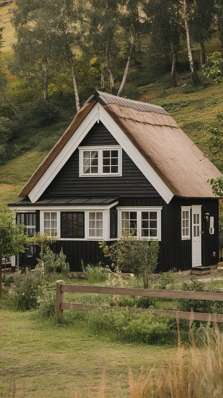A picturesque thatched-roof house in a lush setting presents a tranquil Nordic escape