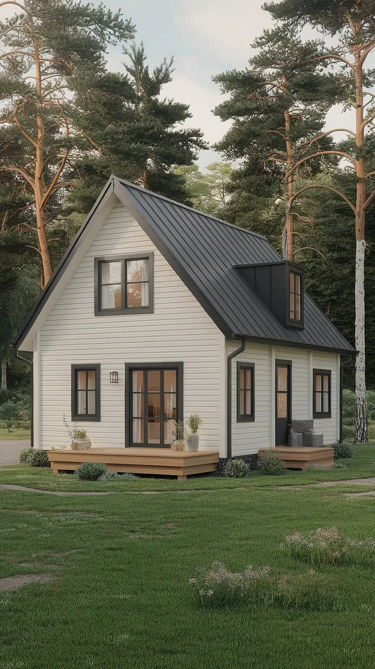 Off-white walls and dark wood accents define this idyllic Nordic dwelling, perfectly situated amidst nature's embrace.