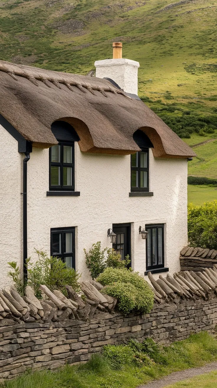 A charming Nordic-style cottage nestles amidst rolling hills, its thatched roof and dark accents contrasting beautifully with the light stone walls and lush greenery.