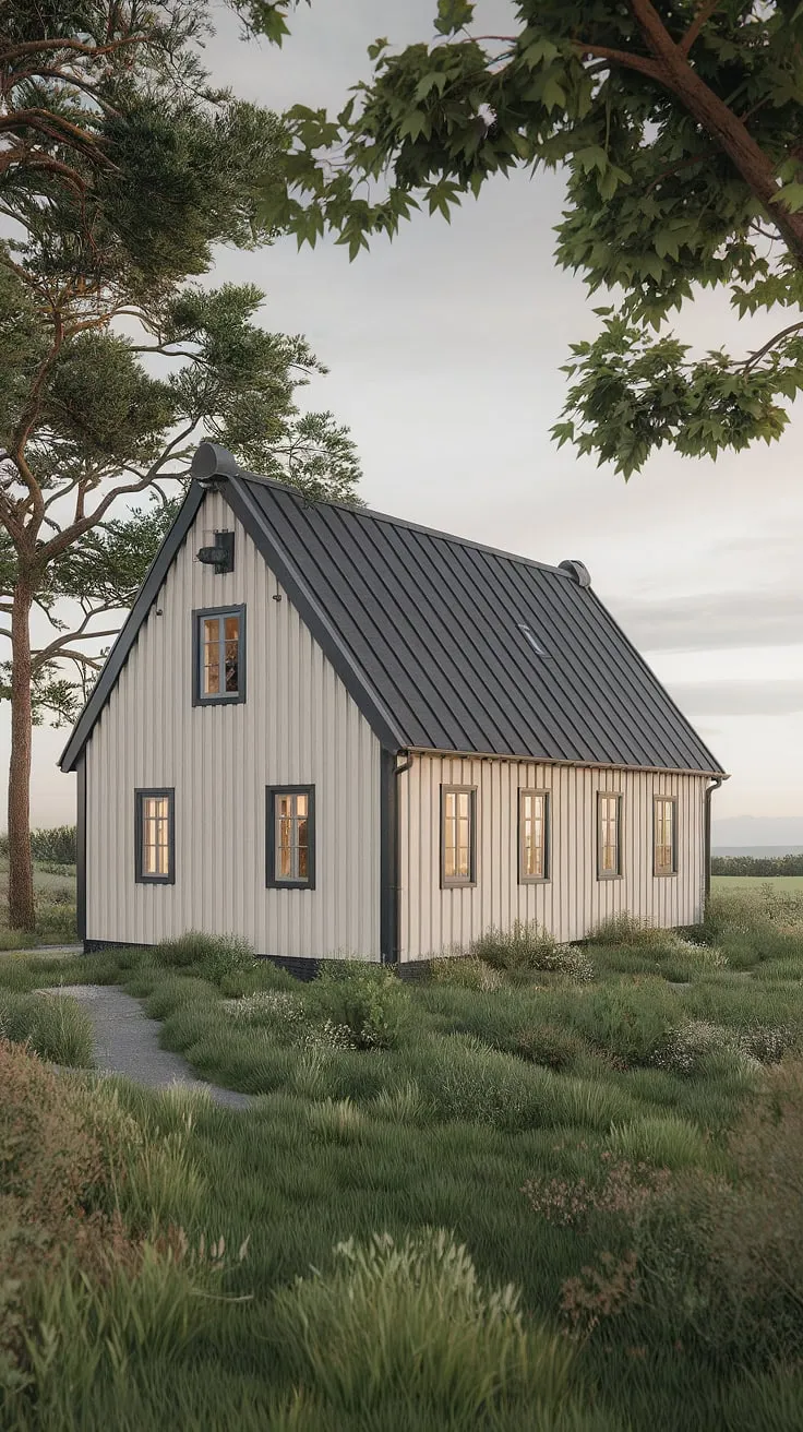 A Nordic-style cottage, painted off-white with black and wood accents, sits peacefully amidst a vibrant European landscape under a vast sky