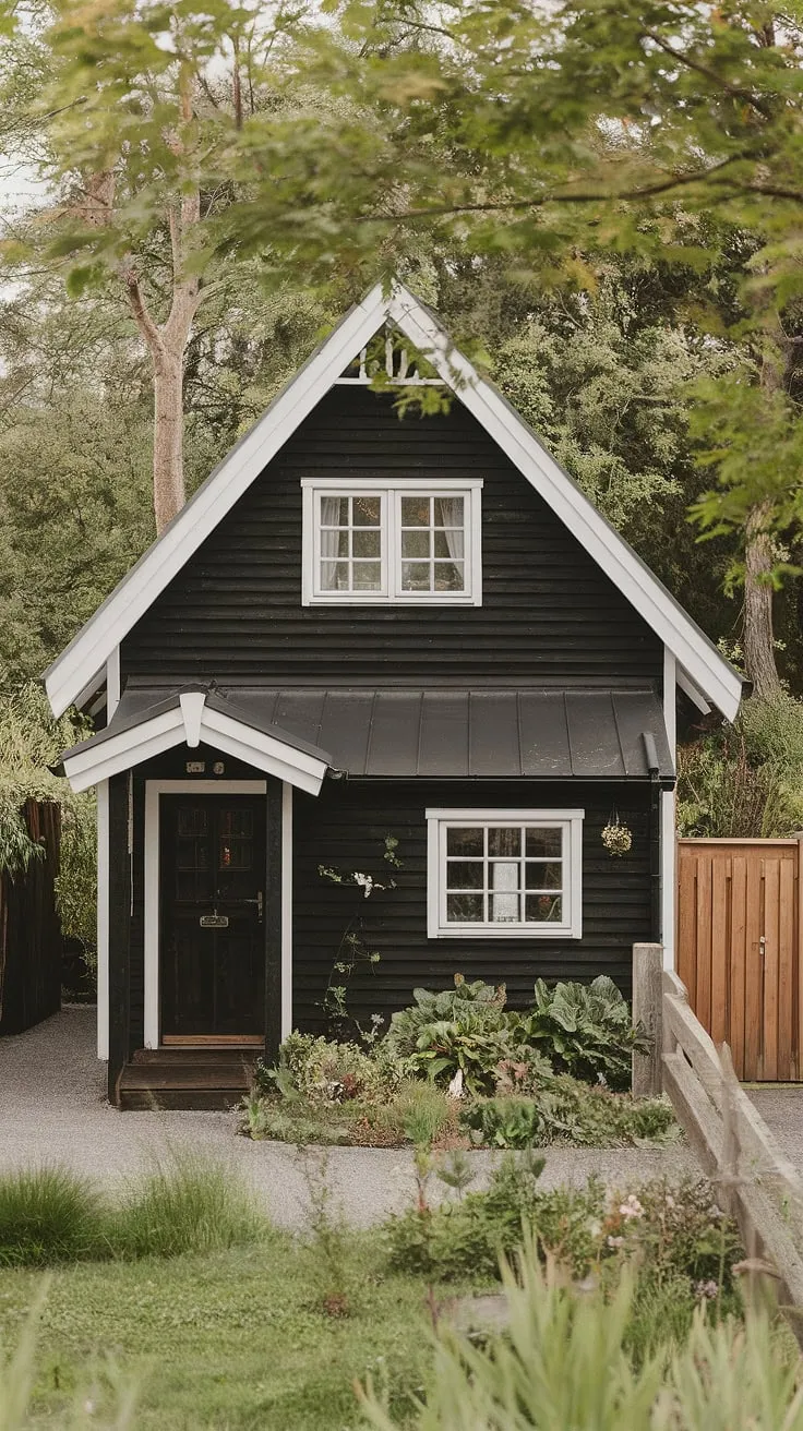 A picturesque black and white cottage offers a tranquil escape in a lush natural setting