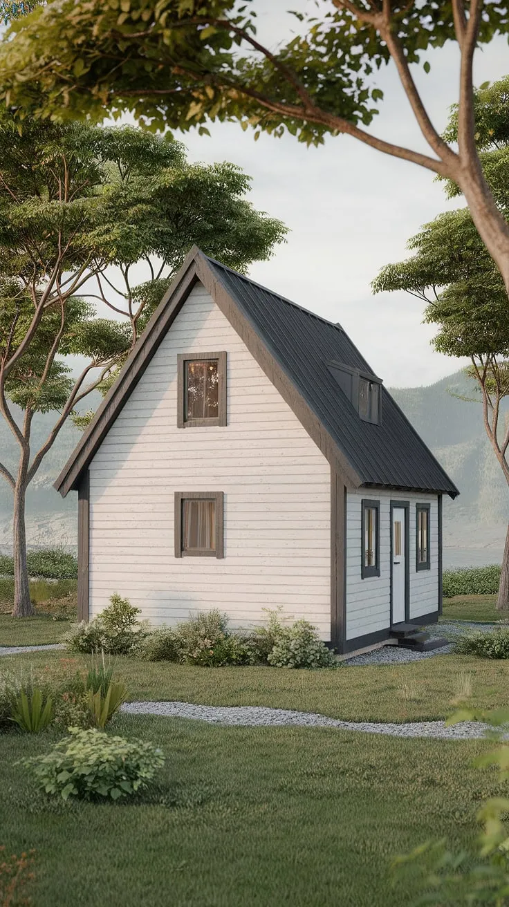 A pristine white Nordic house, framed in black wood, nestles serenely amidst a vibrant landscape and distant mountains