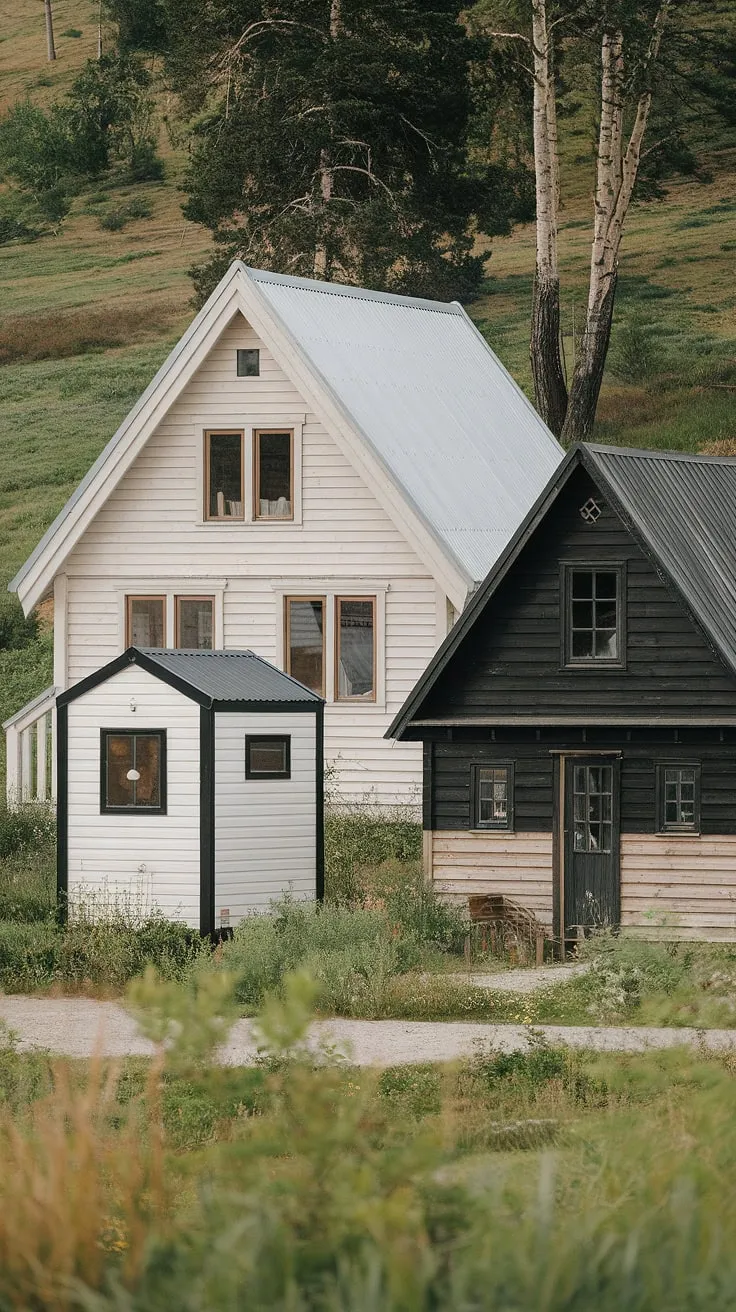 Three distinct houses—a Nordic, a tiny, and a farmhouse—create a picturesque scene of architectural variety in a peaceful setting.