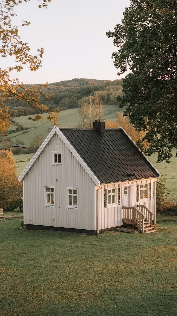 A simple, square off-white house with a black roof sits serenely amidst rolling hills and lush greenery.