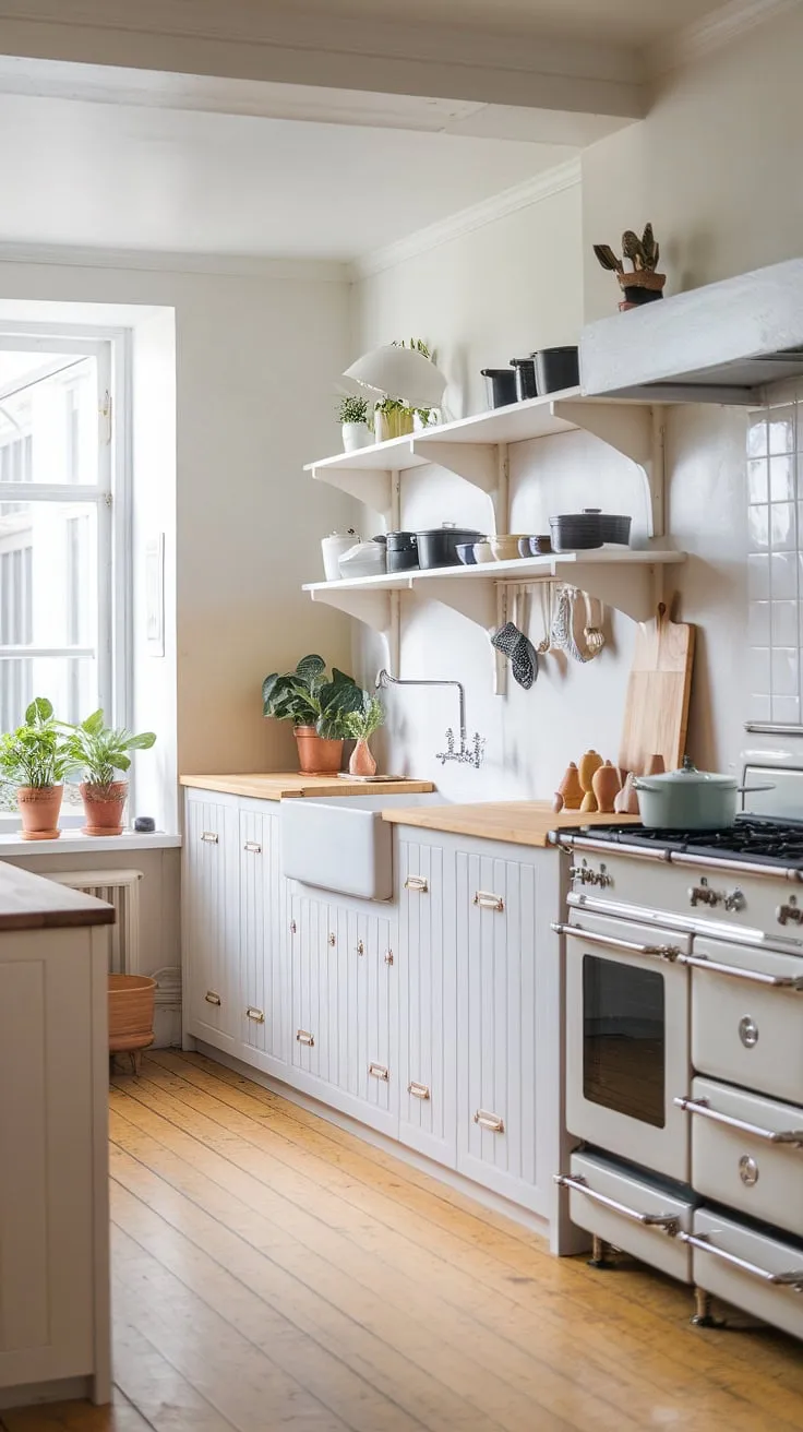 A sleek white wood Nordic kitchen boasts a farmhouse sink, wooden shelving, and potted plants against a backdrop of white walls and wood floors.