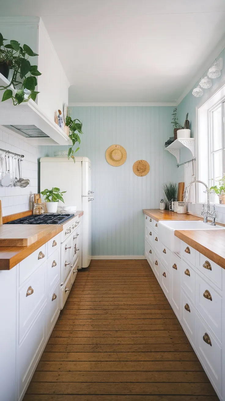 A light blue-walled Nordic kitchen blends sleek modern design with farmhouse charm, featuring white wood cabinets, wooden countertops, and potted plants.