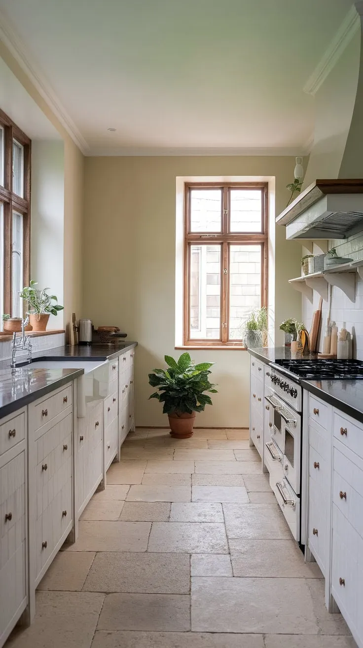 Elegant Nordic kitchen design features white wood cabinets, black countertops, and beige tile flooring