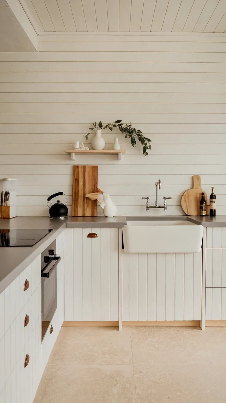 Elegant Nordic kitchen design features white cabinetry, a farmhouse sink, and minimalist decor.