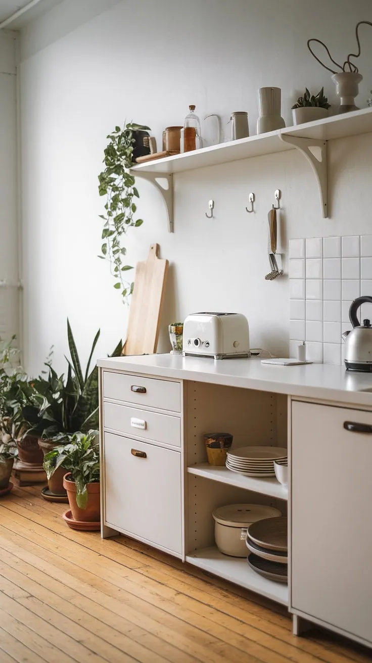 Elegant white Nordic kitchen design features minimalist cabinetry and wood flooring, accented by greenery.
