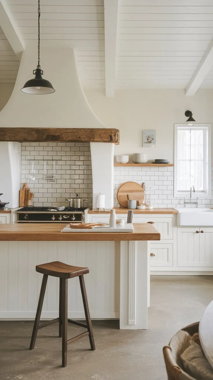 Elegant Nordic farmhouse kitchen design features a white wood island with integrated stove and sink