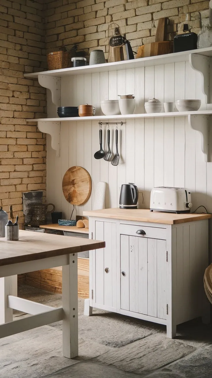 Exposed brick walls and a whitewashed farmhouse kitchen blend Nordic minimalism with charming practicality