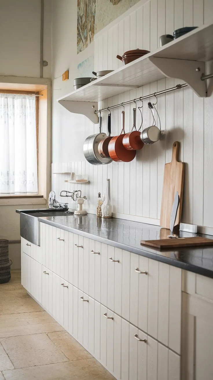 Clean lines and natural materials define this Nordic kitchen, where white cabinets and a black countertop create a minimalist yet functional space.