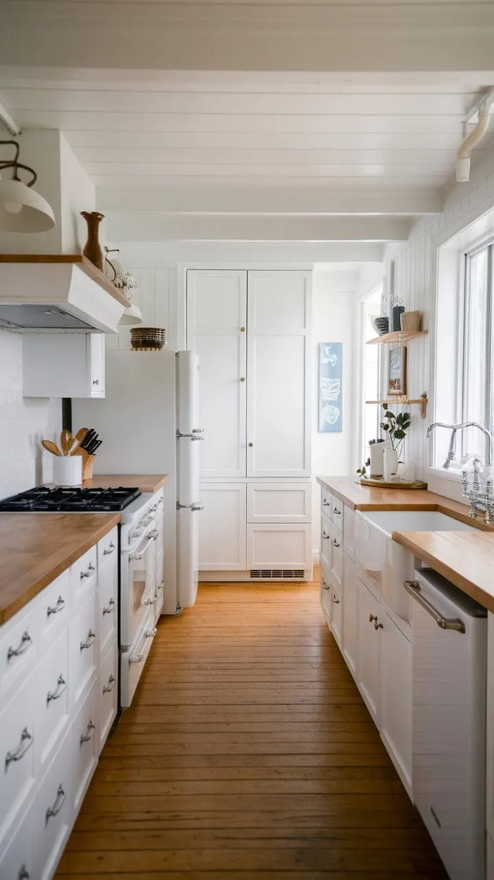 Bathed in sunlight, this minimalist Nordic kitchen blends sleek white cabinetry and a farmhouse sink with a touch of modernity, creating a serene coastal retreat.